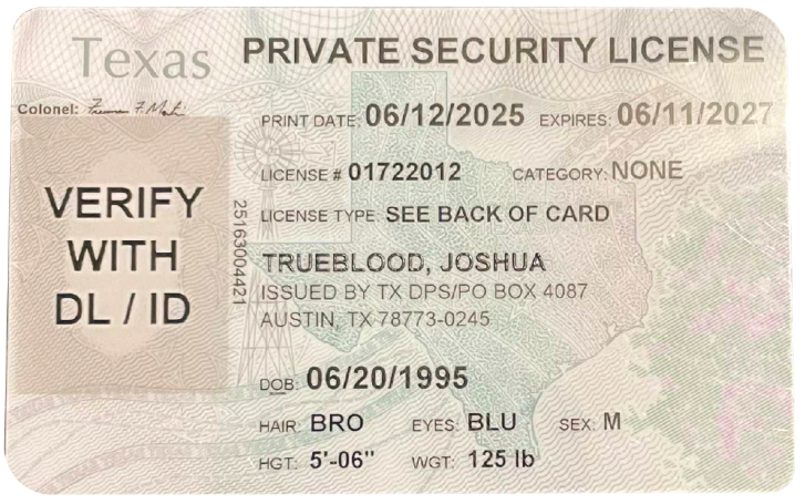 Texas Security License Certificate